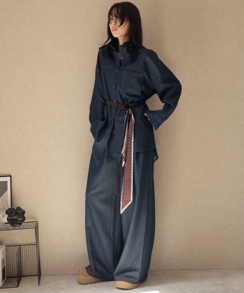 Ulysses（ユリシス）の「【セットアップ】オーバーシャツジャケット＆ワイドパンツwithベルトスカーフ（セットアップ・レディース・ネイビー/ブラウン・F）」の22枚目の写真