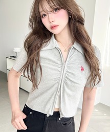 moment+別注【U.S.POLO ASSN.】ワンポイント刺繍Wジップフロントギャザーえり付き半袖カーディガン