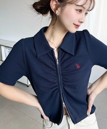 moment+別注【U.S.POLO ASSN.】ワンポイント刺繍Wジップフロントギャザーえり付き半袖カーディガン