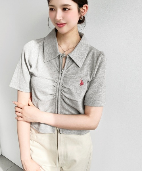 U.S. POLO ASSN.(ユーエスポロアッスン)の「moment+別注【U.S.POLO ASSN.】ワンポイント刺繍Wジップフロントギャザーえり付き半袖カーディガン(カーディガン/ボレロ・レディース・ブラック/杢グレー/アイボリー/ネイビー・L/M)」の14枚目の写真