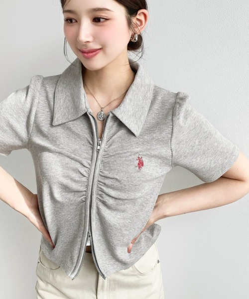 U.S. POLO ASSN.(ユーエスポロアッスン)の「moment+別注【U.S.POLO ASSN.】ワンポイント刺繍Wジップフロントギャザーえり付き半袖カーディガン(カーディガン/ボレロ・レディース・ブラック/杢グレー/アイボリー/ネイビー・L/M)」の19枚目の写真