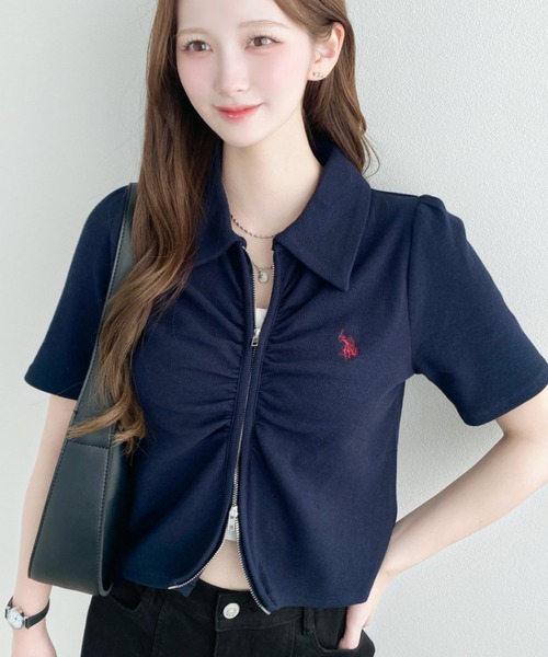 U.S. POLO ASSN.(ユーエスポロアッスン)の「moment+別注【U.S.POLO ASSN.】ワンポイント刺繍Wジップフロントギャザーえり付き半袖カーディガン(カーディガン/ボレロ・レディース・ブラック/杢グレー/アイボリー/ネイビー・L/M)」の10枚目の写真