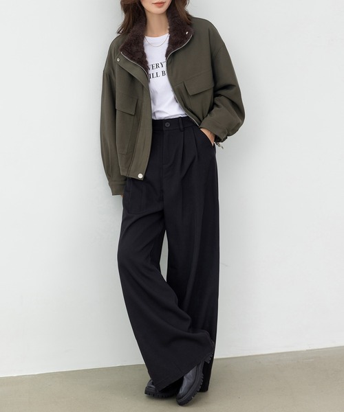 DAY CLOSET（デイ クローゼット）の「【2WAY/異素材MIX】首元まであったかファネルカラー。長袖ミリタリーボアブルゾン レディース（ブルゾン・レディース・ベージュ/カーキ・M/L）」の8枚目の写真