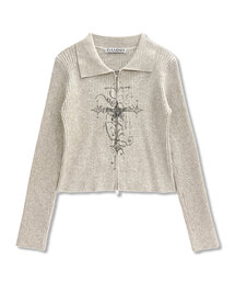 DAMISH（ダミシュ）の「クロスプリントリブニットジップアップ_ベージュ（ニット/セーター）」