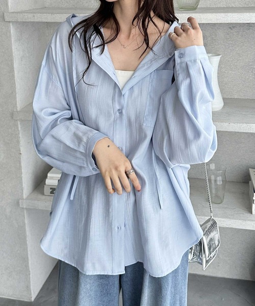 GeeRA（ジーラ）の「夏に活躍！フード付きオーバーサイズパーカーシャツ　アソート（無地/チェック）（シャツ/ブラウス・レディース・チェック/ブラック/ブルー/オフホワイト・X-LARGE/LARGE/MEDIUM）」の19枚目の写真