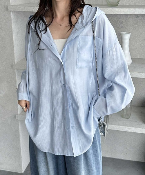 GeeRA（ジーラ）の「夏に活躍！フード付きオーバーサイズパーカーシャツ　アソート（無地/チェック）（シャツ/ブラウス・レディース・チェック/ブラック/ブルー/オフホワイト・X-LARGE/LARGE/MEDIUM）」の20枚目の写真