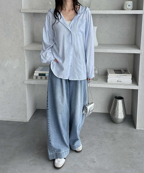 GeeRA（ジーラ）の「夏に活躍！フード付きオーバーサイズパーカーシャツ　アソート（無地/チェック）（シャツ/ブラウス・レディース・チェック/ブラック/ブルー/オフホワイト・X-LARGE/LARGE/MEDIUM）」の22枚目の写真