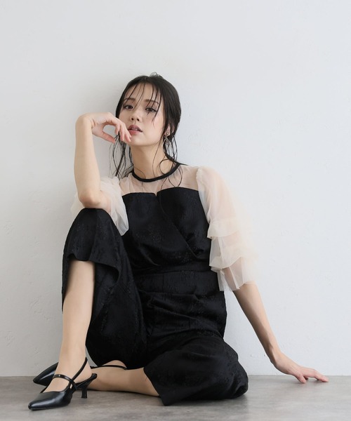 PourVous（プールヴー）の「ビスチェ ジャガード フリル パンツドレス フォーマル お呼ばれ&ロング丈 ワイド オールインワン 結婚式二次会 お呼ばれ 同窓会成人式 オケージョンドレス（パンツドレス・レディース・ブラック/グレー/ブラウン/ネイビー/ブラック系その他・S/M）」の3枚目の写真
