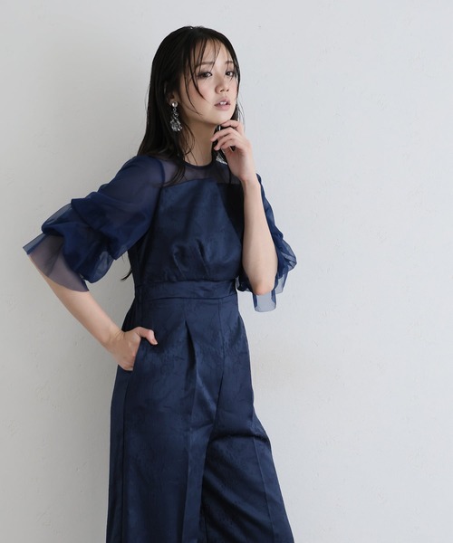 PourVous（プールヴー）の「ビスチェ ジャガード フリル パンツドレス フォーマル お呼ばれ&ロング丈 ワイド オールインワン 結婚式二次会 お呼ばれ 同窓会成人式 オケージョンドレス（パンツドレス・レディース・ブラック/グレー/ブラウン/ネイビー/ブラック系その他・S/M）」の5枚目の写真