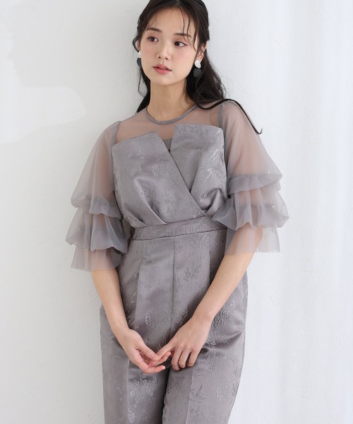 PourVous（プールヴー）の「ビスチェ ジャガード フリル パンツドレス フォーマル お呼ばれ&ロング丈 ワイド オールインワン 結婚式二次会 お呼ばれ 同窓会成人式 オケージョンドレス（パンツドレス・レディース・ブラック/グレー/ブラウン/ネイビー/ブラック系その他・S/M）」の4枚目の写真