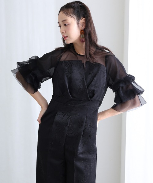 PourVous（プールヴー）の「ビスチェ ジャガード フリル パンツドレス フォーマル お呼ばれ&ロング丈 ワイド オールインワン 結婚式二次会 お呼ばれ 同窓会成人式 オケージョンドレス（パンツドレス・レディース・ブラック/グレー/ブラウン/ネイビー/ブラック系その他・S/M）」の2枚目の写真