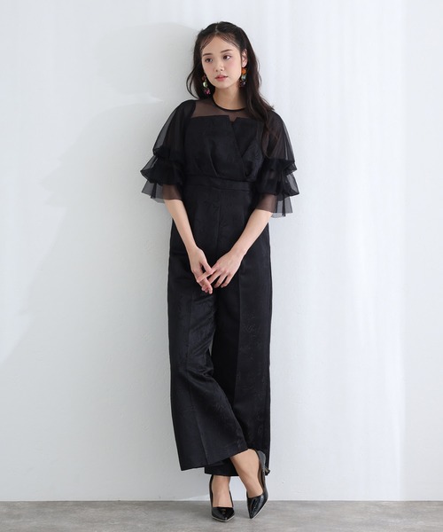 PourVous（プールヴー）の「ビスチェ ジャガード フリル パンツドレス フォーマル お呼ばれ&ロング丈 ワイド オールインワン 結婚式二次会 お呼ばれ 同窓会成人式 オケージョンドレス（パンツドレス・レディース・ブラック/グレー/ブラウン/ネイビー/ブラック系その他・S/M）」の6枚目の写真