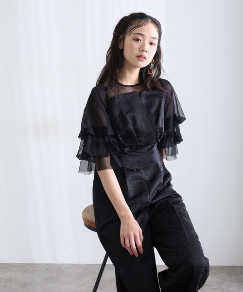 PourVous（プールヴー）の「ビスチェ ジャガード フリル パンツドレス フォーマル お呼ばれ&ロング丈 ワイド オールインワン 結婚式二次会 お呼ばれ 同窓会成人式 オケージョンドレス（パンツドレス・レディース・ブラック/グレー/ブラウン/ネイビー/ブラック系その他・S/M）」の7枚目の写真