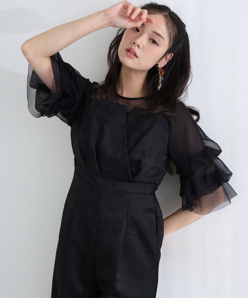 PourVous（プールヴー）の「ビスチェ ジャガード フリル パンツドレス フォーマル お呼ばれ&ロング丈 ワイド オールインワン 結婚式二次会 お呼ばれ 同窓会成人式 オケージョンドレス（パンツドレス・レディース・ブラック/グレー/ブラウン/ネイビー/ブラック系その他・S/M）」の8枚目の写真