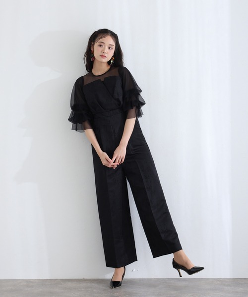 PourVous（プールヴー）の「ビスチェ ジャガード フリル パンツドレス フォーマル お呼ばれ&ロング丈 ワイド オールインワン 結婚式二次会 お呼ばれ 同窓会成人式 オケージョンドレス（パンツドレス・レディース・ブラック/グレー/ブラウン/ネイビー/ブラック系その他・S/M）」の9枚目の写真