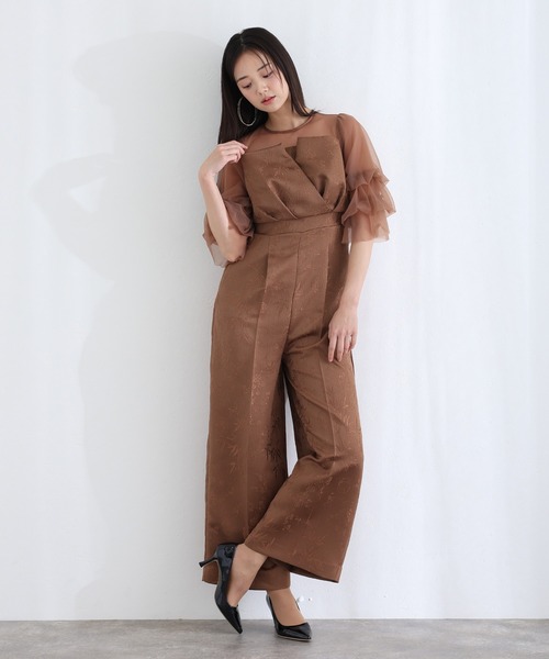 PourVous（プールヴー）の「ビスチェ ジャガード フリル パンツドレス フォーマル お呼ばれ&ロング丈 ワイド オールインワン 結婚式二次会 お呼ばれ 同窓会成人式 オケージョンドレス（パンツドレス・レディース・ブラック/グレー/ブラウン/ネイビー/ブラック系その他・S/M）」の10枚目の写真