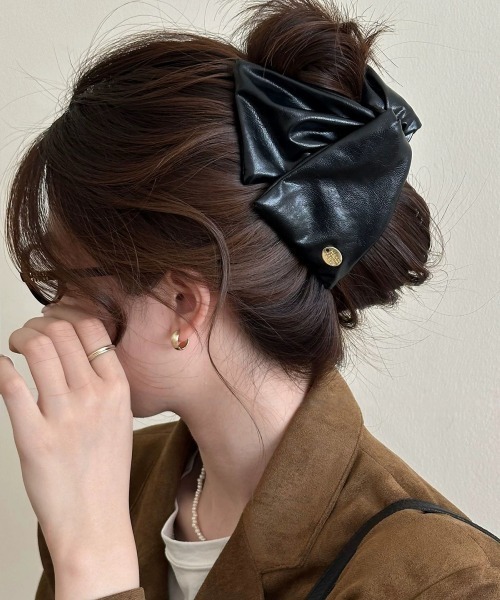 セール】フェイクレザーリボンクリップ（バレッタ/ヘアクリップ）｜PIN