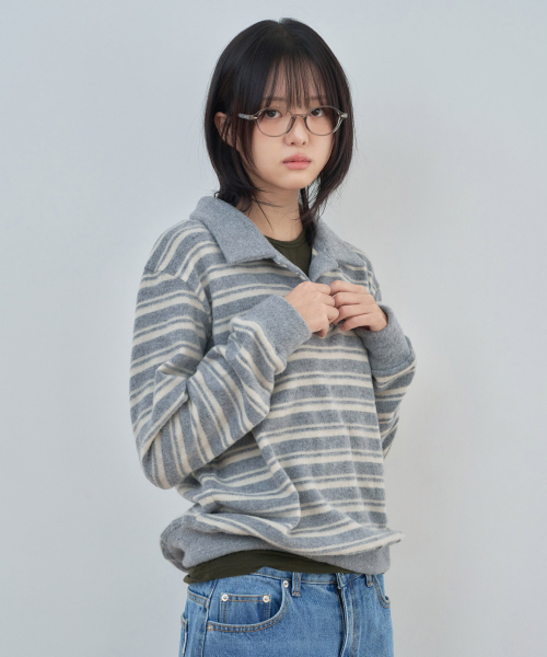 KIJIKO(キジコ)の「ke304-Stripe Collar Knit Gray(ニット/セーター・レディース・グレー・FREE)」の2枚目の写真