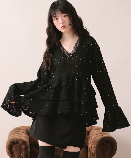 loin nuit(ロワンニュイ)の「spangle lace frill tops / スパンコールレースフリルトップス(Tシャツ/カットソー・レディース・ホワイト/ブラック・FREE)」の2枚目の写真