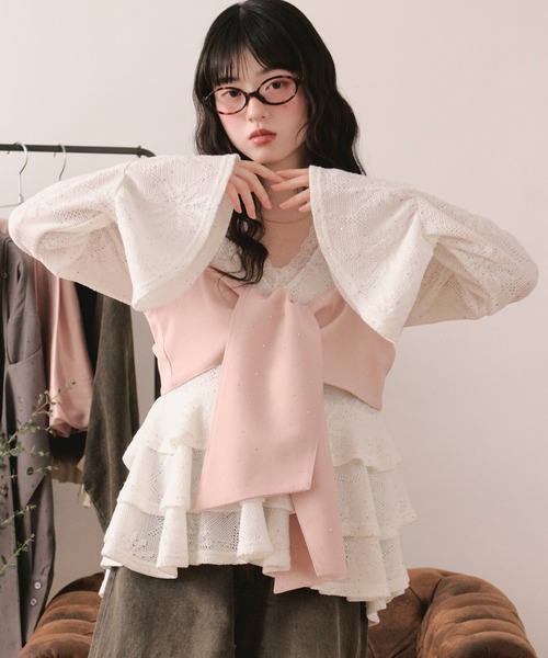 loin nuit(ロワンニュイ)の「spangle lace frill tops / スパンコールレースフリルトップス(Tシャツ/カットソー・レディース・ホワイト/ブラック・FREE)」の7枚目の写真
