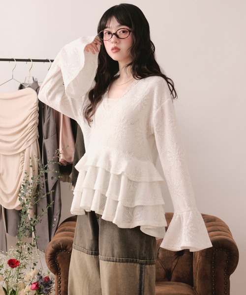 loin nuit(ロワンニュイ)の「spangle lace frill tops / スパンコールレースフリルトップス(Tシャツ/カットソー・レディース・ホワイト/ブラック・FREE)」の12枚目の写真