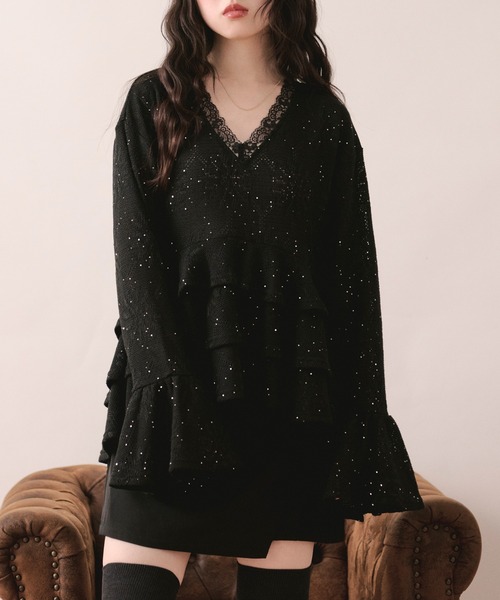 loin nuit(ロワンニュイ)の「spangle lace frill tops / スパンコールレースフリルトップス(Tシャツ/カットソー・レディース・ホワイト/ブラック・FREE)」の20枚目の写真