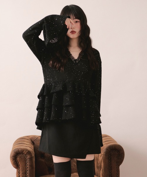 loin nuit(ロワンニュイ)の「spangle lace frill tops / スパンコールレースフリルトップス(Tシャツ/カットソー・レディース・ホワイト/ブラック・FREE)」の21枚目の写真