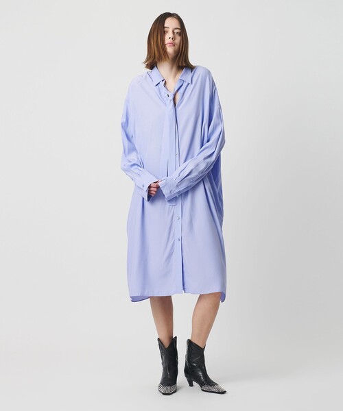 美品 AEWEN MOTOPH 日本製 長袖 ひざ丈 シャツ ワンピース 38 AEWEN MATOPH＞ボウタイシャツワンピース ‐ ウォッシャブル ‐（シャツ