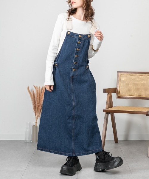 配色ショルダーデニムサロペットスカート