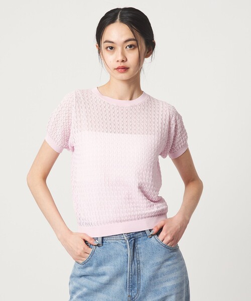 EMMEL REFINES(エメルリファインズ)の「<EMMEL REFINES>EM HW スカシアミ ショートスリーブ ニット(ニット/セーター・レディース・ライトピンク/ケリーグリーン・FREE)」の2枚目の写真