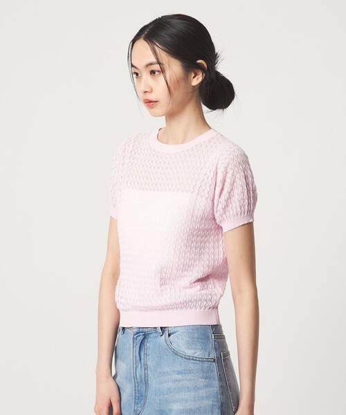 EMMEL REFINES(エメルリファインズ)の「<EMMEL REFINES>EM HW スカシアミ ショートスリーブ ニット(ニット/セーター・レディース・ライトピンク/ケリーグリーン・FREE)」の4枚目の写真