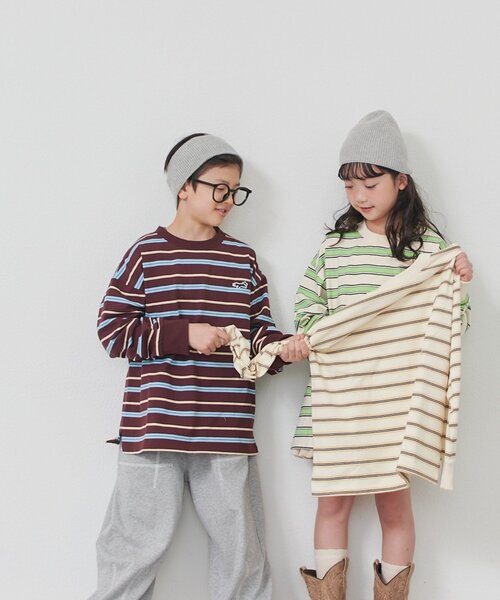 PENNEYS(ぺニーズ)の「【KIDS】FOX別注/マルチボーダートップス《WEB限定》(Tシャツ/カットソー・キッズ・アイボリー/ブラウン/ベージュ・150/130/110)」の4枚目の写真
