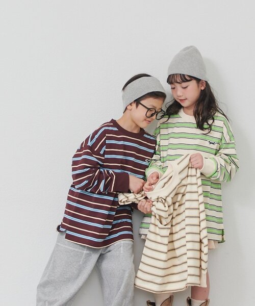 PENNEYS(ぺニーズ)の「【KIDS】FOX別注/マルチボーダートップス《WEB限定》(Tシャツ/カットソー・キッズ・アイボリー/ブラウン/ベージュ・150/130/110)」の5枚目の写真