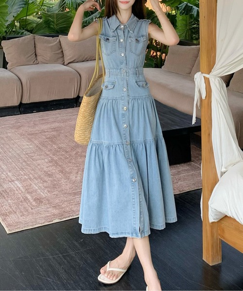LUCPY（ラクピー）の「ノースリーブ デニムフレアワンピース（ワンピース・レディース・ブルー・LARGE/MEDIUM/SMALL）」の2枚目の写真