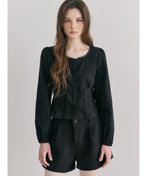 Lace Pintuck Shirring Blouse, Black