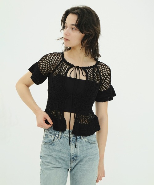 W FACE RIBBON CROCHET KNIT TOPS（ニット/セーター）｜CLANE（クラネ