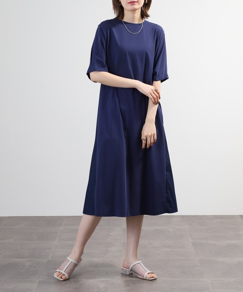 EGLANTINE(エグランティーヌ)の「EGLANTINE 素材切り替えカットソーワンピース 半袖(ワンピース・レディース・キャメル/テラコッタ/ブルー/ブラック・40)」の4枚目の写真