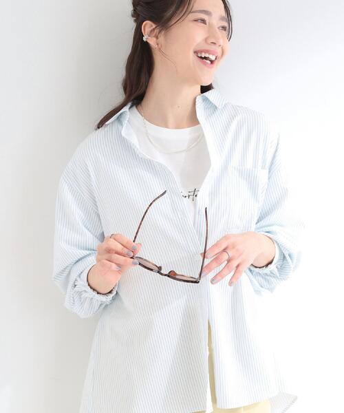 SHOO・LA・RUE（シューラルー）の「【ひんやり/UV/吸水速乾/洗濯後しわになりにくい】ラッシュガードにもなる ストライプシャツ（シャツ/ブラウス・レディース・チャコール/ブルー系7/グリーン系3・04/03/02/01）」の3枚目の写真