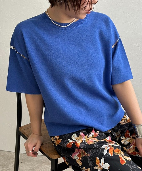 LHELBIE(レルビエ)の「【洗えるニット】パールデザインニットトップス(Tシャツ/カットソー・レディース・アイボリー/ピンク/ブルー/ブラック・M)」の3枚目の写真