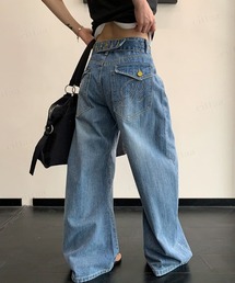 韓国ファッション RVNTENGバックボタンワイドストレートデニム