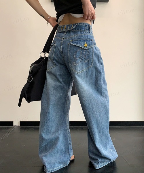 Dalfwin(ダールフィン)の「韓国ファッション RVNTENGバックボタンワイドストレートデニム(デニムパンツ・レディース・ブルー・LARGE/MEDIUM/SMALL)」の1枚目の写真