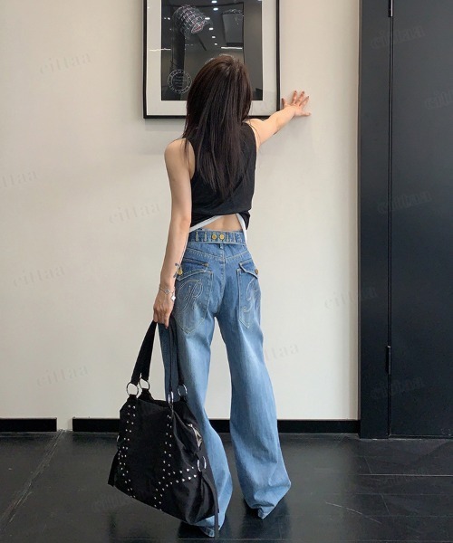 Dalfwin(ダールフィン)の「韓国ファッション RVNTENGバックボタンワイドストレートデニム(デニムパンツ・レディース・ブルー・LARGE/MEDIUM/SMALL)」の6枚目の写真