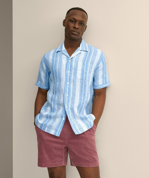 BROOKS BROTHERS(ブルックスブラザーズ)の「アイリッシュリネン ストライプ キャンプシャツ Regular Fit(シャツ/ブラウス・メンズ・ホワイト×ブルー/マルチ・MEDIUM/SMALL/X-LARGE/LARGE)」の2枚目の写真
