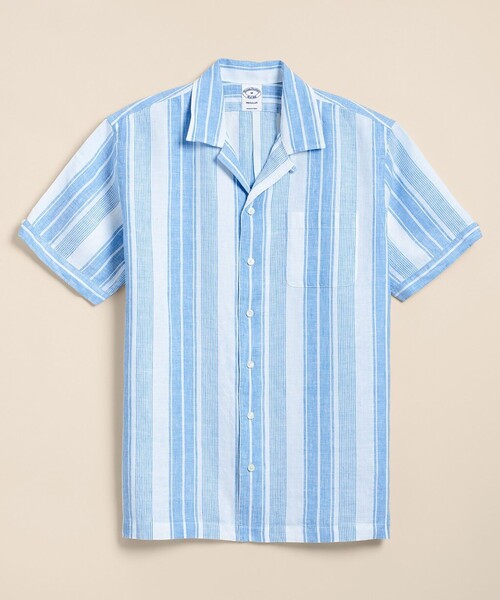 BROOKS BROTHERS(ブルックスブラザーズ)の「アイリッシュリネン ストライプ キャンプシャツ Regular Fit(シャツ/ブラウス・メンズ・ホワイト×ブルー/マルチ・MEDIUM/SMALL/X-LARGE/LARGE)」の5枚目の写真