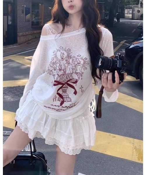 CHEER（チアー）の「【抜け感シルエット】ルーズプリント・シアープルオーバー（サイドシャーリング）（Tシャツ/カットソー・レディース・ホワイト・FREE）」の5枚目の写真