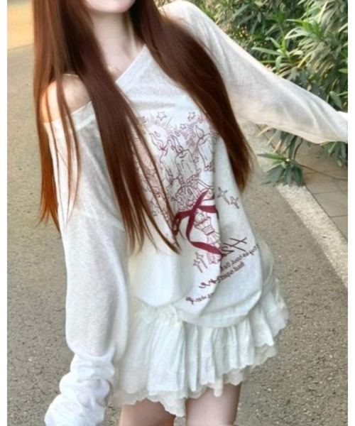 CHEER（チアー）の「【抜け感シルエット】ルーズプリント・シアープルオーバー（サイドシャーリング）（Tシャツ/カットソー・レディース・ホワイト・FREE）」の7枚目の写真