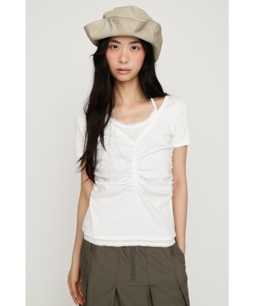 SLY（スライ）の「LAYERED LIKE CUT S/S TOPS レイヤードライクカットショートスリーブトップス 夏服 秋服（Tシャツ/カットソー・レディース・ライトピンク/ネイビー/ライトブラック/オフホワイト・FREE）」の11枚目の写真