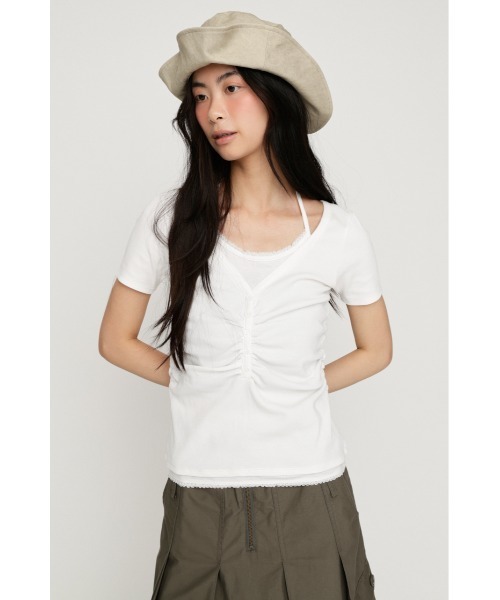 SLY（スライ）の「LAYERED LIKE CUT S/S TOPS レイヤードライクカットショートスリーブトップス 夏服 秋服（Tシャツ/カットソー・レディース・ライトピンク/ネイビー/ライトブラック/オフホワイト・FREE）」の13枚目の写真