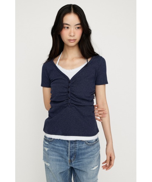 SLY（スライ）の「LAYERED LIKE CUT S/S TOPS レイヤードライクカットショートスリーブトップス 夏服 秋服（Tシャツ/カットソー・レディース・ライトピンク/ネイビー/ライトブラック/オフホワイト・FREE）」の5枚目の写真