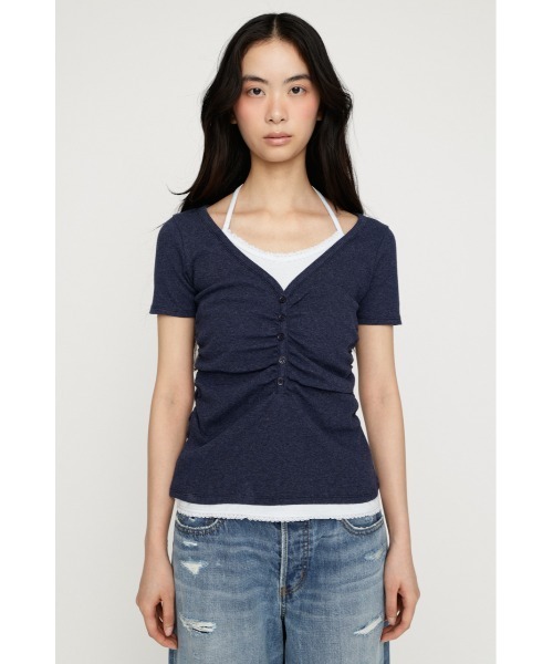 SLY（スライ）の「LAYERED LIKE CUT S/S TOPS レイヤードライクカットショートスリーブトップス 夏服 秋服（Tシャツ/カットソー・レディース・ライトピンク/ネイビー/ライトブラック/オフホワイト・FREE）」の6枚目の写真